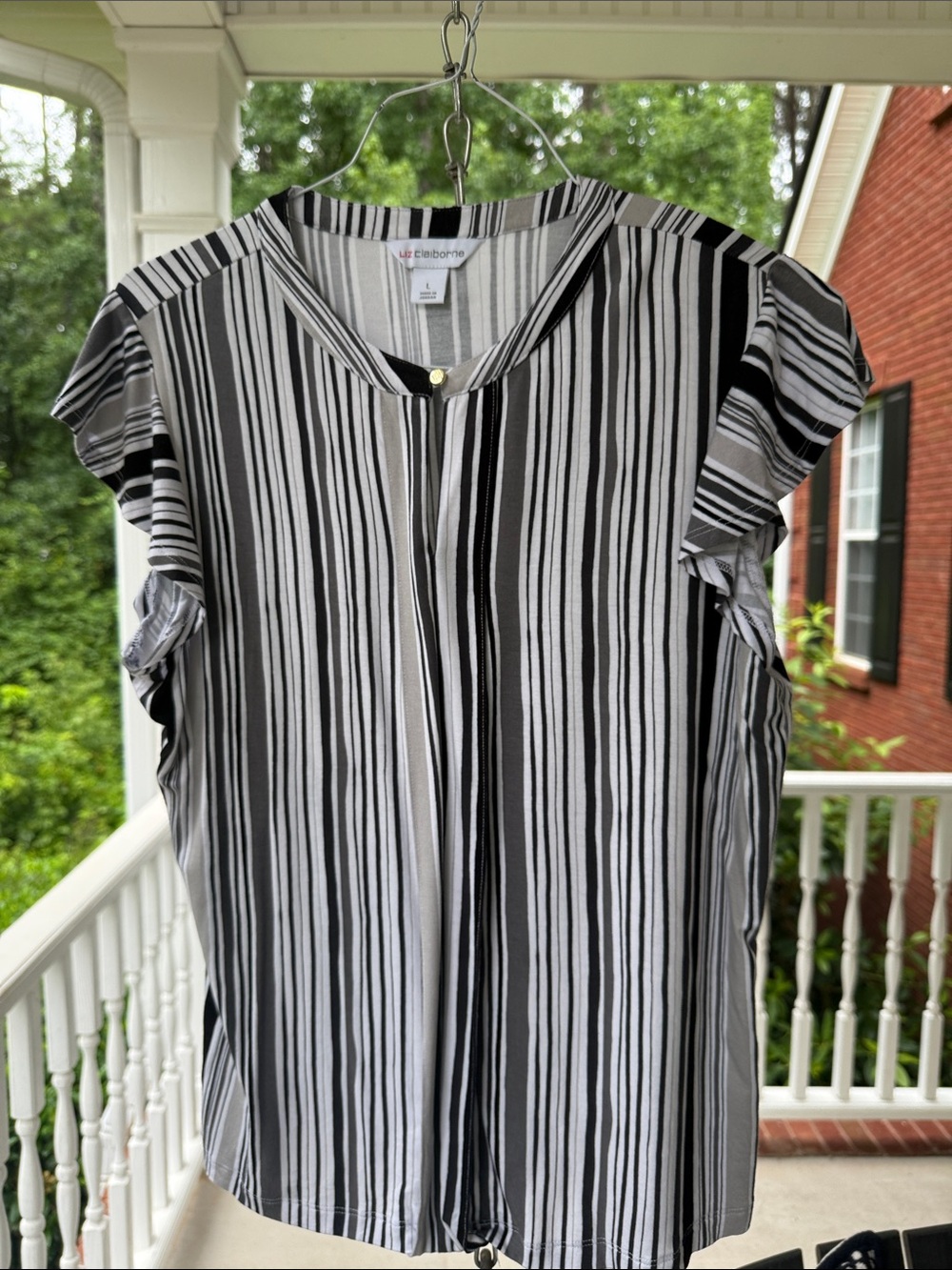 Liz Claiborne Black and White Vertical Stripe Cap-Sleeve Blouse